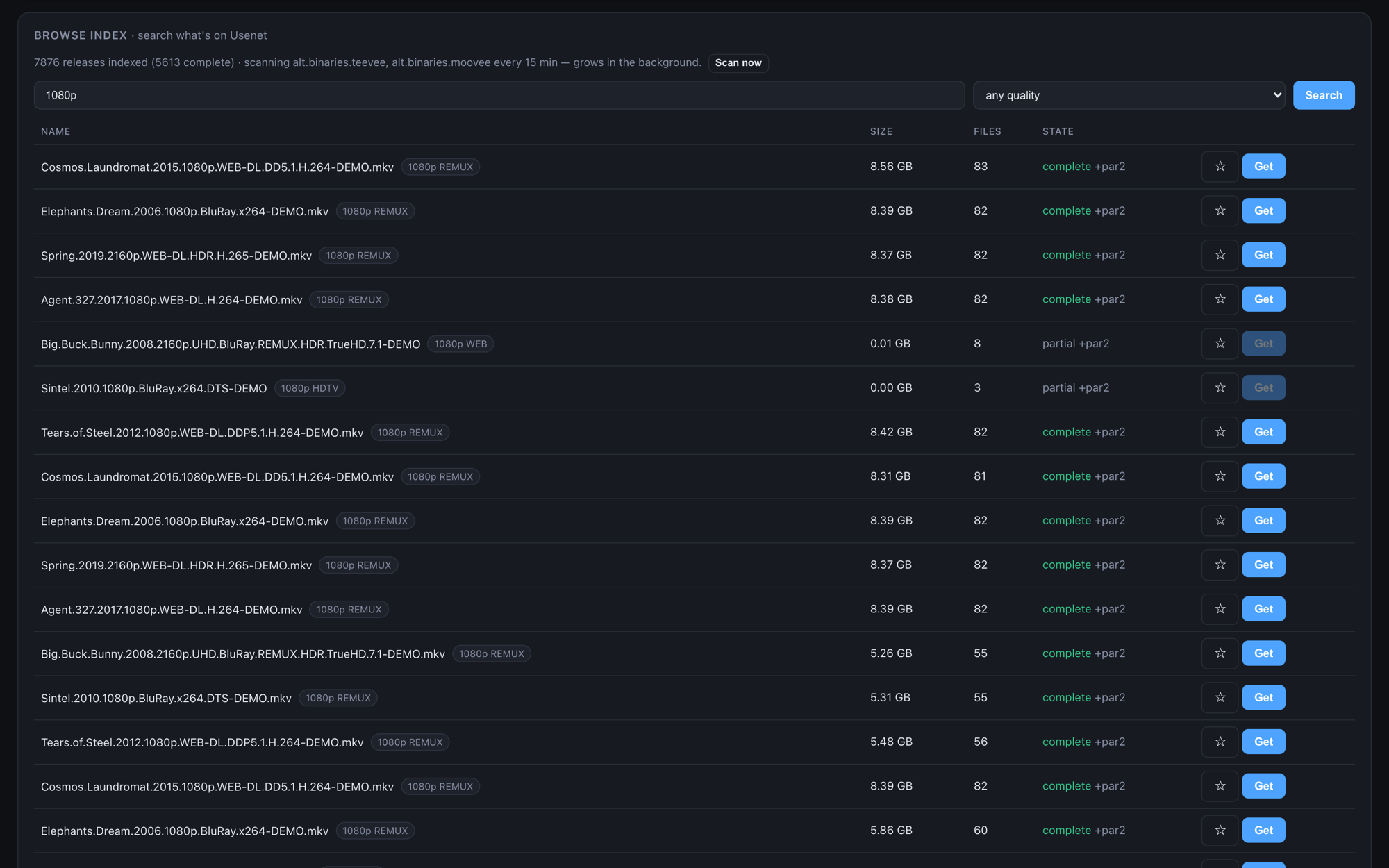 Instant search: search-as-you-type with quality filters, per-row watch buttons, and quality badges throughout.