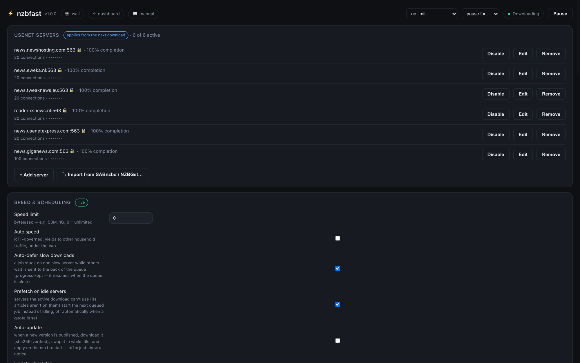 Settings: server editor and live speed/scheduling controls