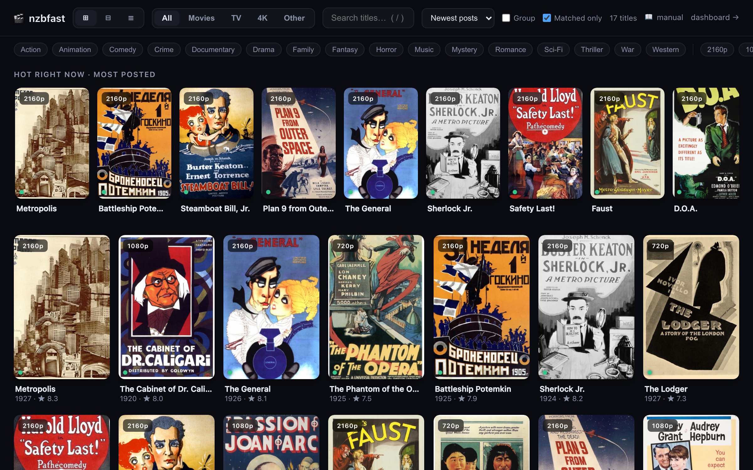 nzbfast poster wall: a grid of film posters with quality badges, ratings and years